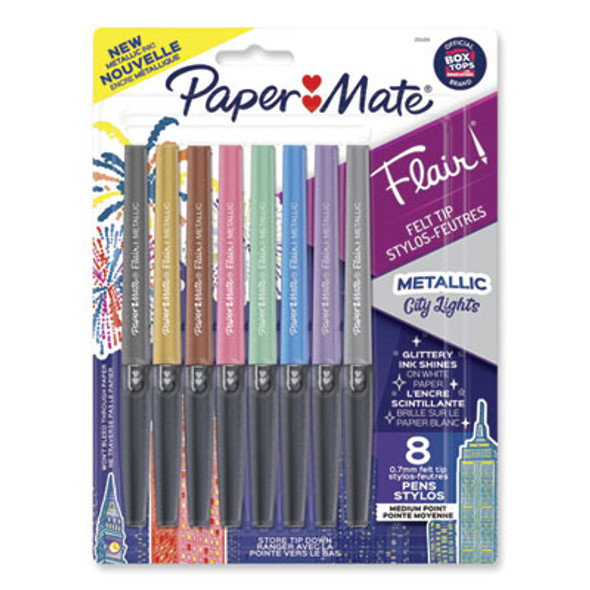 Flair Metallic Porous Point Pen, Stick, Medium 0.7 Mm, Assorted Ink And Barrel Colors, 8/Pack