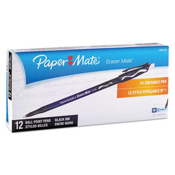 Eraser Mate Ballpoint Pen, Stick, Medium 1 Mm, Black Ink, Black Barrel, Dozen