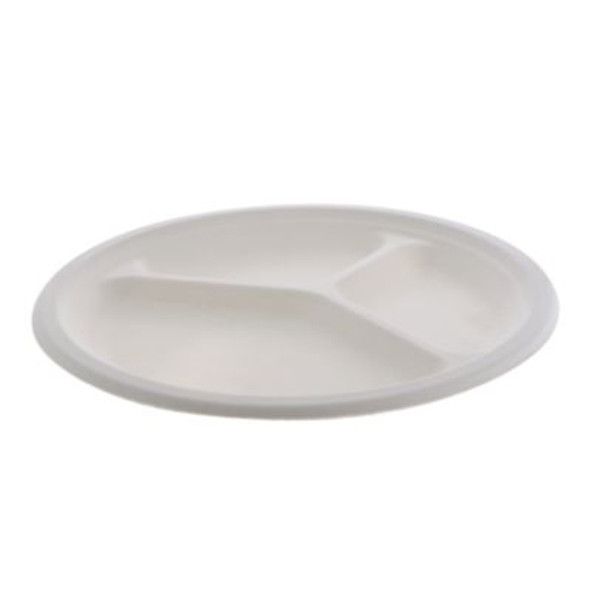 Earthchoice Pfas Free Compostable Dinnerware, 3-Compartment Plate, Sugarcane, 10.25" Dia, Natural, 500/Carton