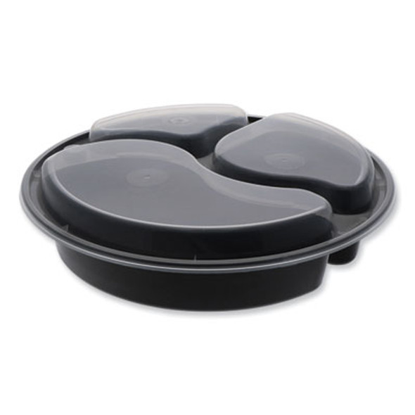 Newspring Versatainer Microwavable Containers, Round, 3 Compartments, 39 Oz, 9 x 9 x 2.25, Black/Clear, Plastic, 150/Carton