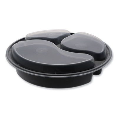 Newspring Versatainer Microwavable Containers, Round, 3 Compartment, 39 Oz, 9.5 x 9.5 x 2.3, Black/Clear, Plastic, 150/Carton