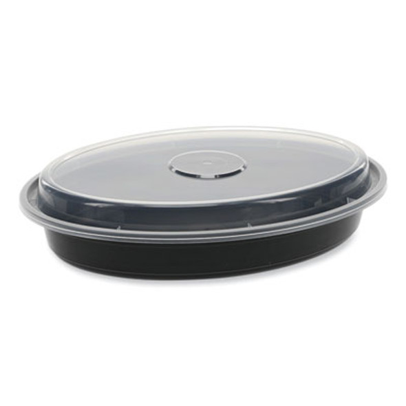 Newspring Versatainer Microwavable Containers, Oval, 24 Oz, 9.1 x 6.7 x 1.45, Black/Clear, Plastic, 150/Carton