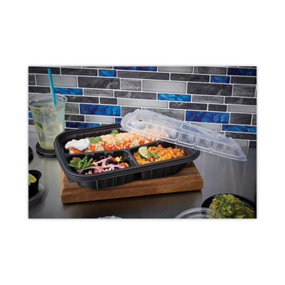 Earthchoice Entree2Go Takeout Container, 3 Compartments, 48 Oz, 11.8 x 8.8 x 2.1, Black, Plastic, 200/Carton