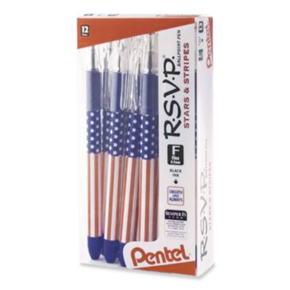 R.s.v.p. Stars And Stripes Ballpoint Pen, Stick, Fine 0.7 Mm, Black Ink, Red/White/Blue Barrel, Dozen
