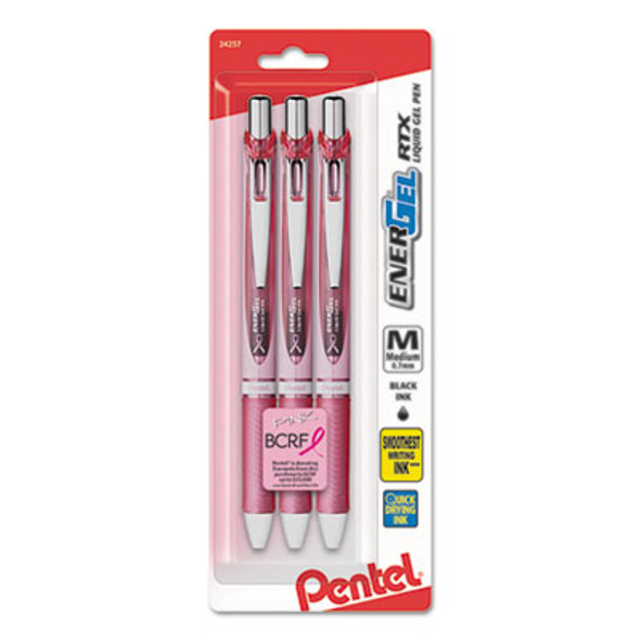 Energel Rtx Breast Cancer Awareness Gel Pen, Retractable, Medium 0.7 Mm, Black Ink, Pink/Silver Barrel, 3/Pack