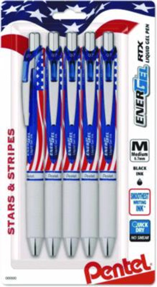 Energel Rtx Gel Pen, Retractable, Medium 0.7 Mm, Black Ink, Stars And Stripes Metallic Red Barrel, 5/Pack