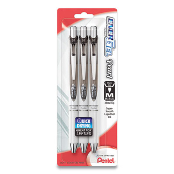 Energel Pearl Gel Pen, Retractable, Medium 0.7 Mm, Black Ink, White/Black Barrel, 3/Pack