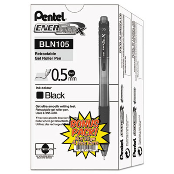 Energel-X Gel Pen, Retractable, Fine 0.5 Mm Needle Tip, Black Ink, Clear/Black Barrel, 24/Pack