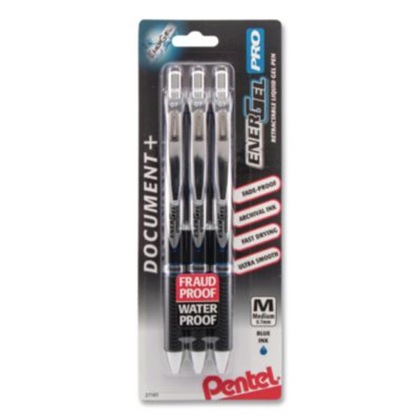 Energel Pro Hybrid Gel Pen, Retractable, Medium 0.7 Mm, Blue Ink, Black Barrel, 3/Pack