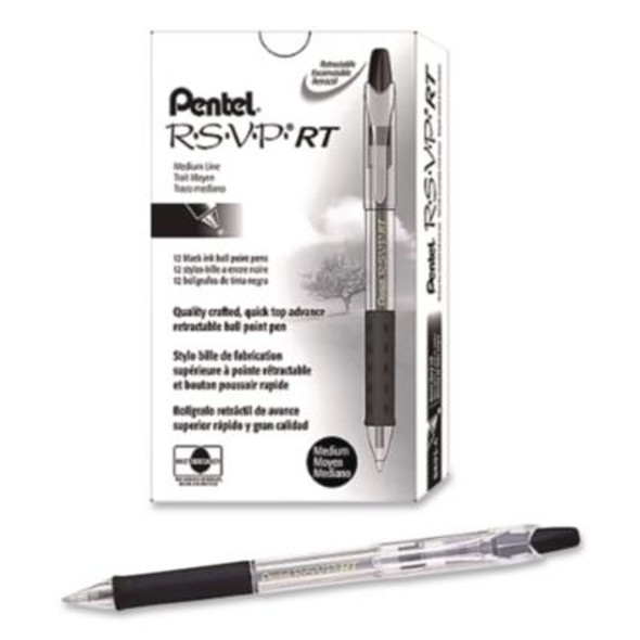 R.S.V.P. Super Rt Ballpoint Pen, Retractable, Medium 0.7 Mm, Black Ink, Clear/Black Barrel, Dozen