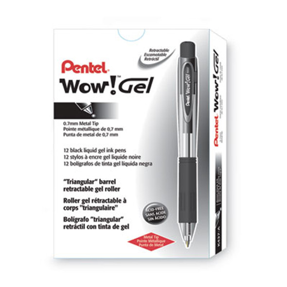 Wow! Gel Pen, Retractable, Medium 0.7 Mm, Black Ink, Clear/Black Barrel, Dozen
