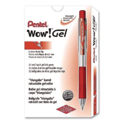 Wow! Gel Pen, Retractable, Medium 0.7 Mm, Red Ink, Clear/Red Barrel, Dozen