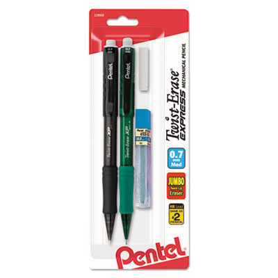 Twist-Erase Express Mechanical Pencils With Tube Of Lead/Eraser, 0.7 Mm, Hb (#2), Black Lead, Assorted Barrel Colors, 2/Pack