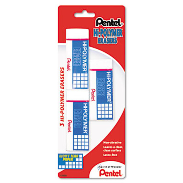 Hi-Polymer Eraser, For Pencil Marks, Rectangular Block, Medium, White, 3/Pack