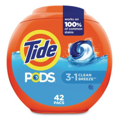 Pods Laundry Detergent, He Compatible, Clean Breeze, 36 Oz Tub, 42 Pacs/Tub, 4 Tubs/Carton