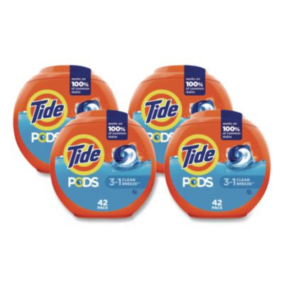 Pods Laundry Detergent, He Compatible, Clean Breeze, 36 Oz Tub, 42 Pacs/Tub, 4 Tubs/Carton