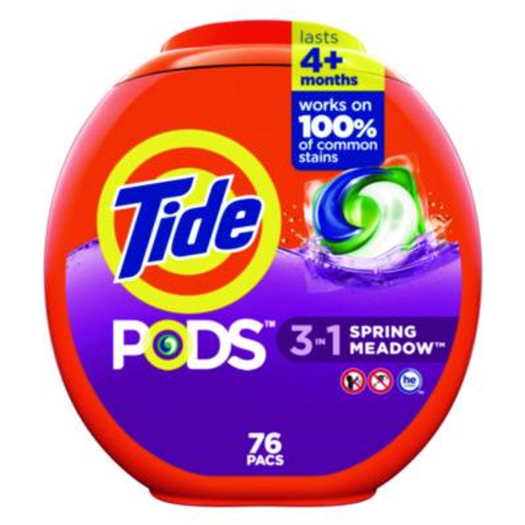 Pods Laundry Detergent, He Compatible, Spring Meadow, 66 Oz Tub, 76 Pacs/Tub, 4 Tubs/Carton