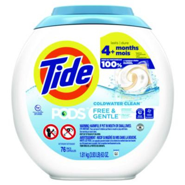 Pods Laundry Detergent, Free And Gentle, He Compatible, 63 Oz Tub, 76 Pacs/Tub, 4 Tubs/Carton