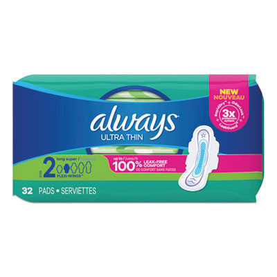 Ultra Thin Pads With Wings, Size 2, Long, Super Absorbent, 32/Pack