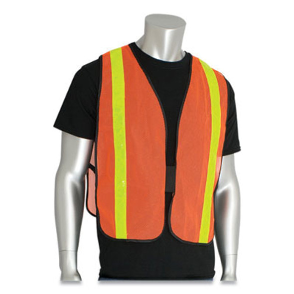 Hook And Loop Safety Vest, One Size Fits Most, Hi-Viz Orange With Yellow Prismatic Tape