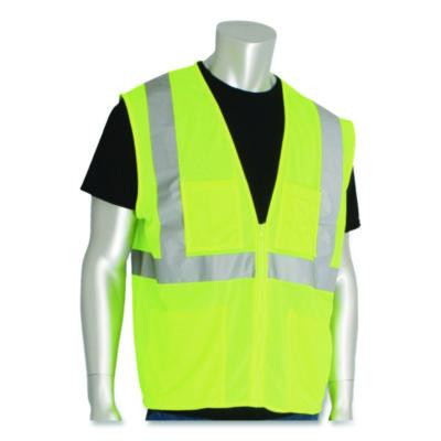 Ansi Class 2 Four Pocket Zipper Safety Vest, Polyester Mesh, Large, Hi-Viz Lime Yellow