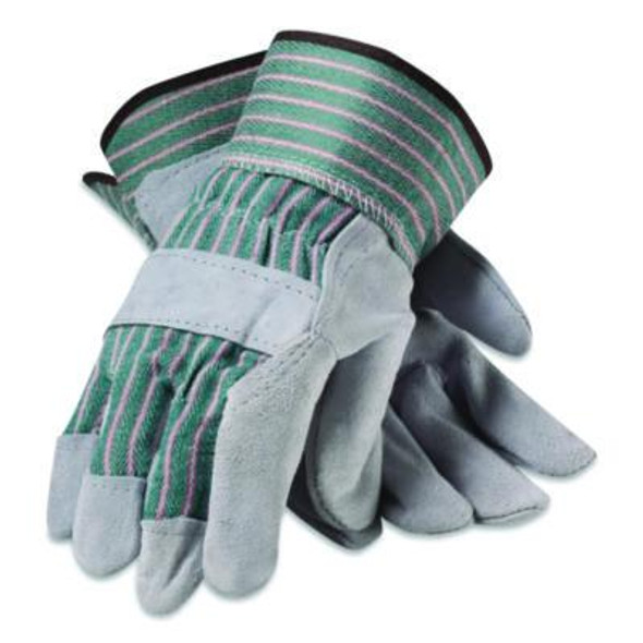 Bronze Series Leather/Fabric Work Gloves, Gunn Cut, Wing Thumb, Large (Size 9), Gray/Green, 12 Pairs