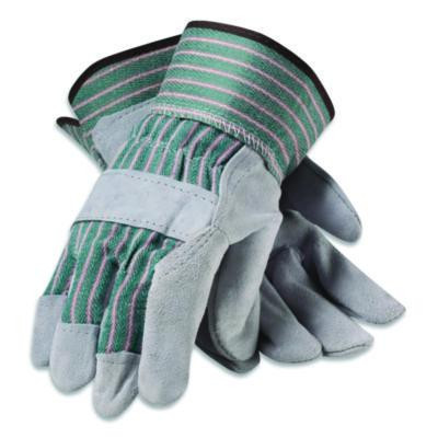 Bronze Series Leather/Fabric Work Gloves, Gunn Cut, Wing Thumb, Medium (Size 8), Gray/Green, 12 Pairs