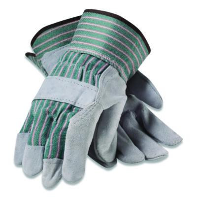 Bronze Series Leather/Fabric Work Gloves, Gunn Cut, Wing Thumb, X-Large (Size 10), Gray/Green, 12 Pairs