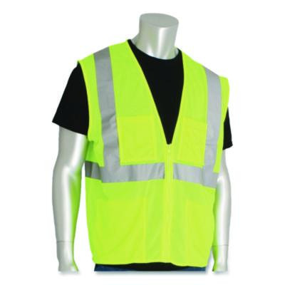 Ansi Class 2 Four Pocket Zipper Safety Vest, Polyester Mesh, X-Large, Hi-Viz Lime Yellow