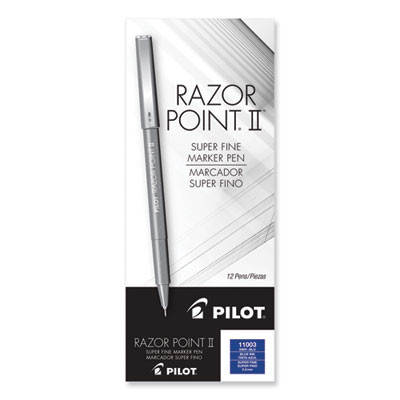Razor Point Ii Super Fine Line Porous Point Pen, Stick, Super-Fine 0.2 Mm, Blue Ink, Blue Barrel, Dozen