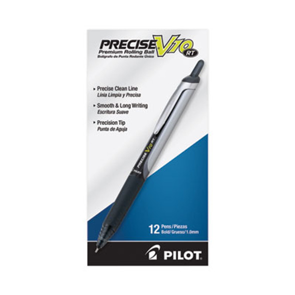 Precise V10Rt Roller Ball Pen, Retractable, Bold 1 Mm, Black Ink, Black Barrel, Dozen