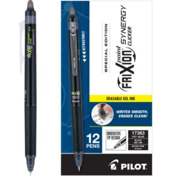 Frixion Synergy Clicker Erasable Gel Pen, Retractable, Extra-Fine 0.5 Mm, Black Ink, Black/Smoke Barrel, Dozen