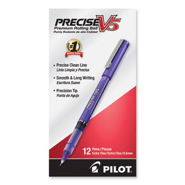 Precise V5 Rollerball Pen, Stick, Extra-Fine 0.5 Mm, Purple Ink, Purple/Clear Barrel, Dozen