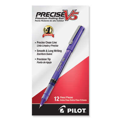 Precise V5 Rollerball Pen, Stick, Extra-Fine 0.5 Mm, Purple Ink, Purple/Clear Barrel, Dozen