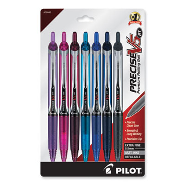 Precise V5Rt Rollerball Pen, Retractable, Extra-Fine 0.5 Mm, Assorted Ink And Barrel Colors, 7/Pack