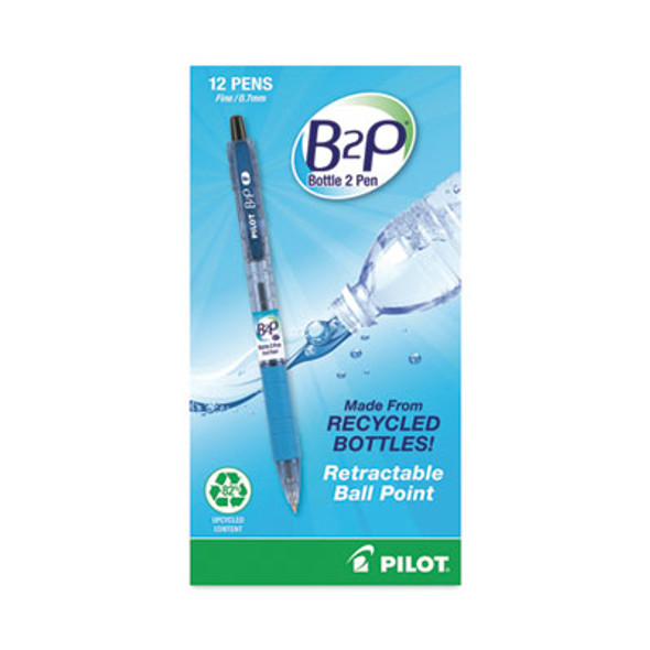 B2p Bottle-2-Pen Recycled Ballpoint Pen, Retractable, Fine 0.7 Mm, Black Ink, Translucent Blue Barrel, Dozen
