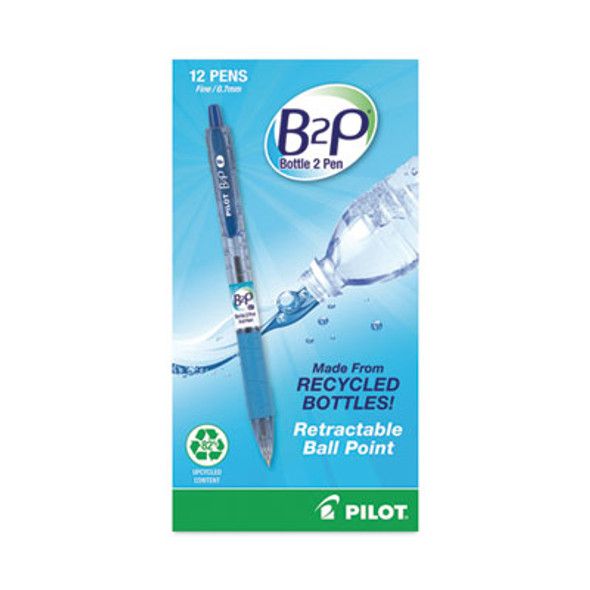 B2p Bottle-2-Pen Recycled Ballpoint Pen, Retractable, Fine 0.7 Mm, Blue Ink, Translucent Blue Barrel, Dozen