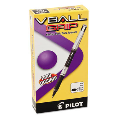 Vball Grip Liquid Ink Rollerball Pen, Stick, Fine 0.7 Mm, Black Ink, Black/Silver Barrel, Dozen