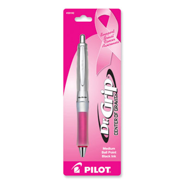 Dr. Grip Center Of Gravity Breast Cancer Awareness Ballpoint Pen, Retractable, Medium 1Mm, Black Ink, Silver/Pink Barrel