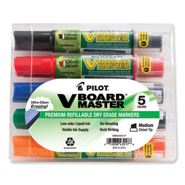 Begreen V Board Master Dry Erase Marker, Medium Chisel Tip, Assorted Colors, 5/Pack