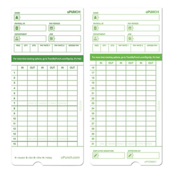 Time Clock Cards For Upunch Hn1000/Hn3000/Hn3600, Two Sides, 7.5 X 3.5, 100/Pack