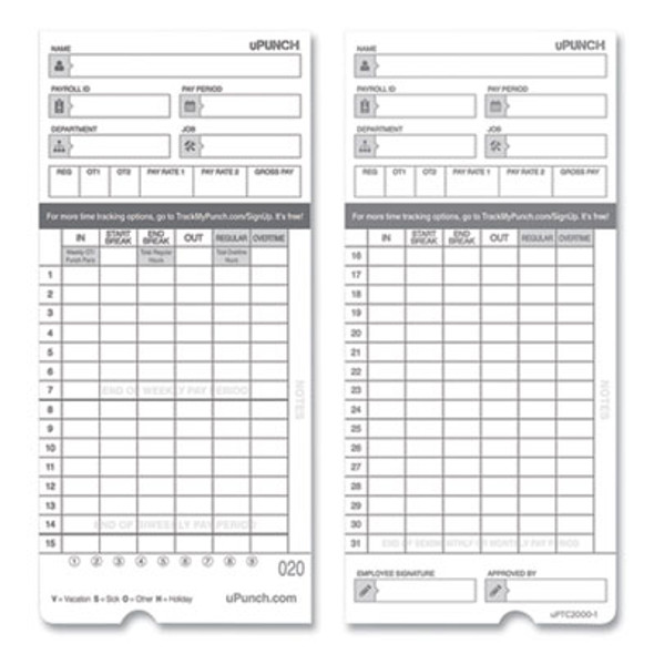 Time Clock Cards For Upunch Hn4000, Two Sides, 7.37 X 3.37, 50/Pack