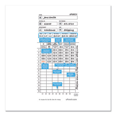 Time Clock Cards For Upunch Hn4000, Two Sides, 7.37 X 3.37, 50/Pack