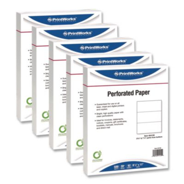 Perforated Paper, 3.66" And 7.33" From Bottom, 92 Bright, 20 Lb Bond Weight, 8.5 x 11, White, 500/Ream, 5 Reams/Carton