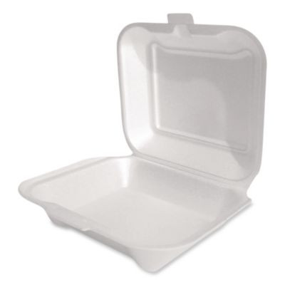 Foam Hinged Lid Container, Secure One Tab Latch, Poly Bag, 7.81 X 8.75 X 3.38, White, 100/Sleeve, 2 Sleeves/Bag, 1 Bag/Pack