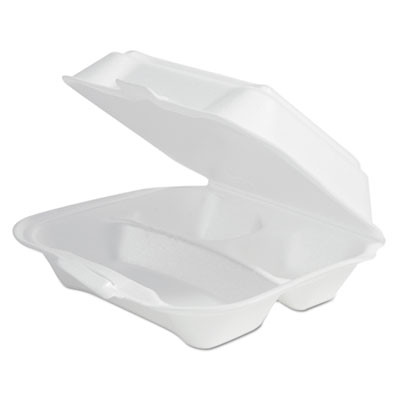 Foam Hinged Lid Container Secure One Tab Latch, 3 Compartments, 7.81 x 8.75 x 3.38, White, 100/Sleeve, 2 Sleeves/Bag