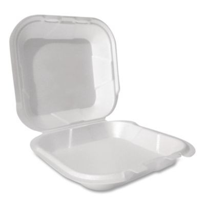 Foam Hinged Lid Container, Secure Two Tab Latch, Poly Bag, 8 X 8.56 X 2.76, White, 100/Sleeve, 2 Sleeves/Bag, 1 Bag/Pack