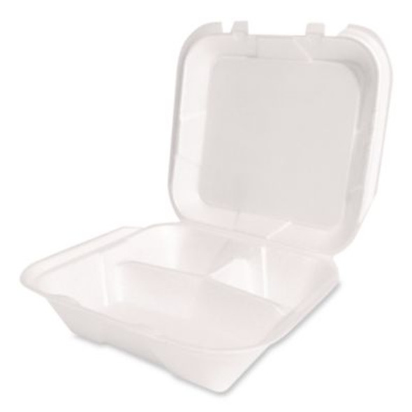 Foam Hinged Lid Container, Secure Two Tab Latch, Poly Bag, 3 Compartments, 9 x 9 x 3, White, 100/Bag, 2 Bags/Carton