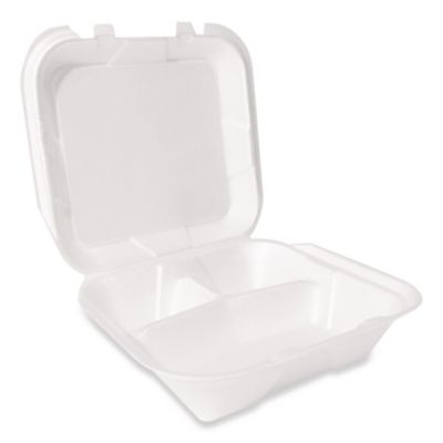 Foam Hinged Lid Container, Secure Two Tab Latch, Poly Bag, 3 Compartments, 9 x 9 x 3, White, 100/Bag, 2 Bags/Carton