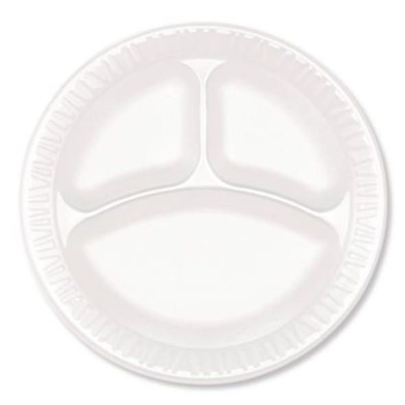 Foam Dinnerware, 3-Compartment Plate, 9" Dia, White, 125/Sleeve, 4 Sleeves/Pack